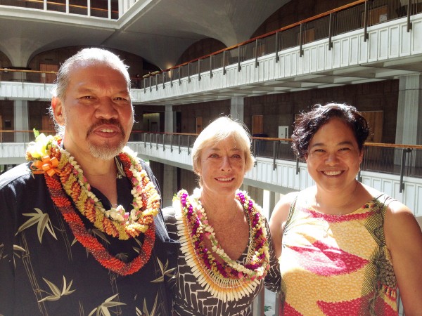 New Commissioners Wallace A. Ishibashi Jr., left, and Patricia A. Sheehan with Hawaiian Homes Commission Chair Jobie M.K. Masagatani.