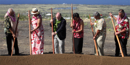 Gov. Neil Abercrombie and DHHL Director Jobie Masagatani are joined by homesteaders Bo Kahui and Dora Aio-Leamons on the left, and Wally Lau, Hawai'i County Managing Director, and Hawaiian Homes Commissioner Wally Ishibashi on the right as they break ground on the latest increment of the Villages of La‘i ‘Ōpua in Kealakehe, Kona, today.