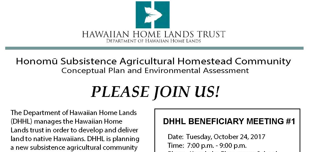 Department of Hawaiian Home Lands Notice Honomu Subsistence